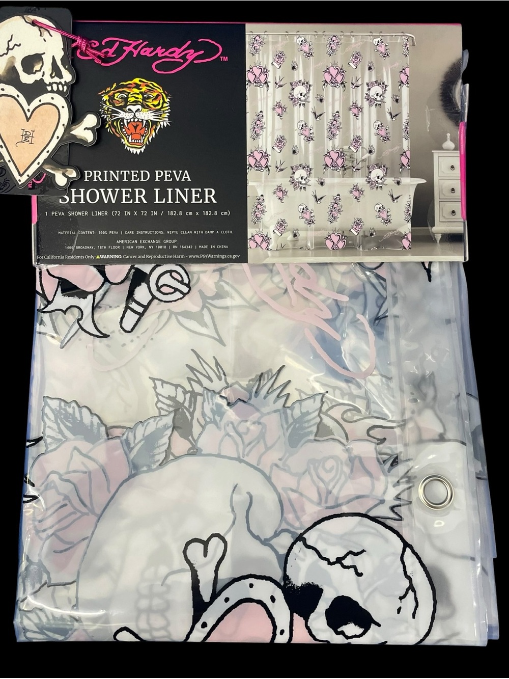 Ed Hardy Clear Shower Curtain Liner Pink Hearts Skulls Roses PEVA 72x72 NWT - Picture 4 of 5